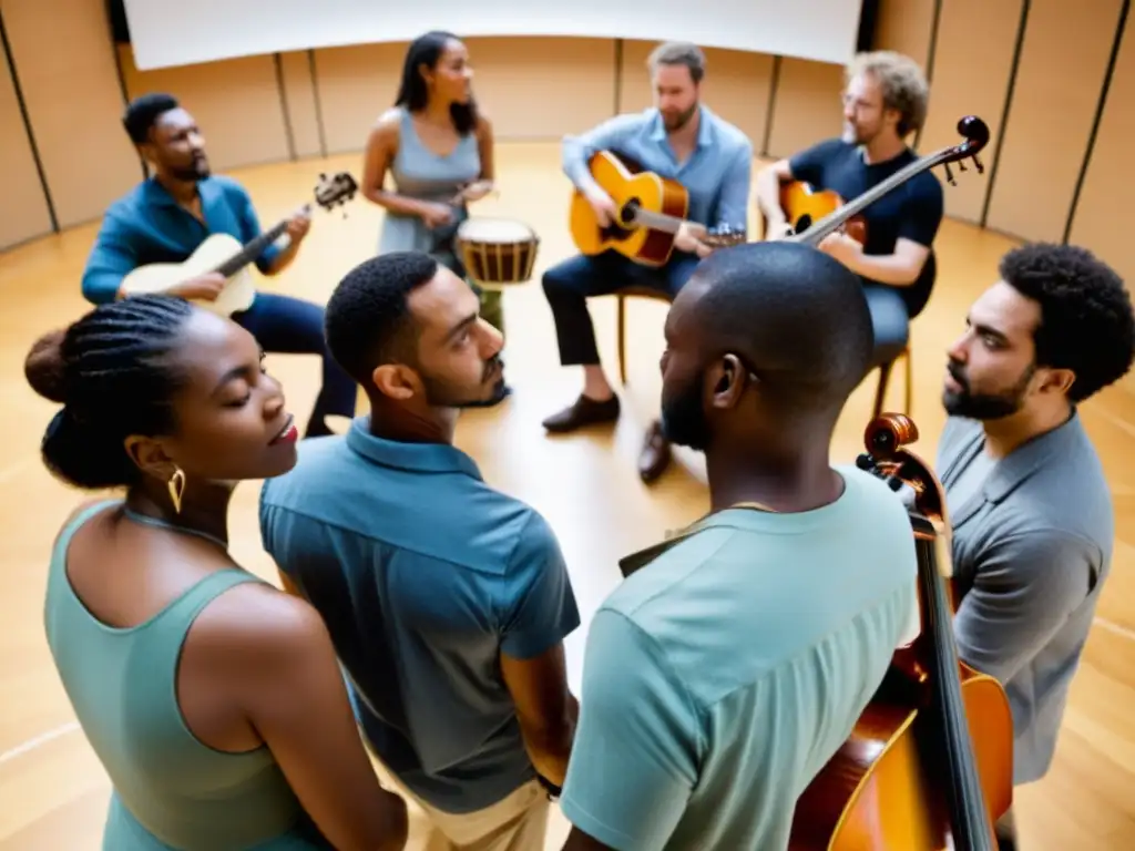 Un grupo diverso de músicos se reúne en círculo, tocando con pasión en un ambiente íntimo de ensayo