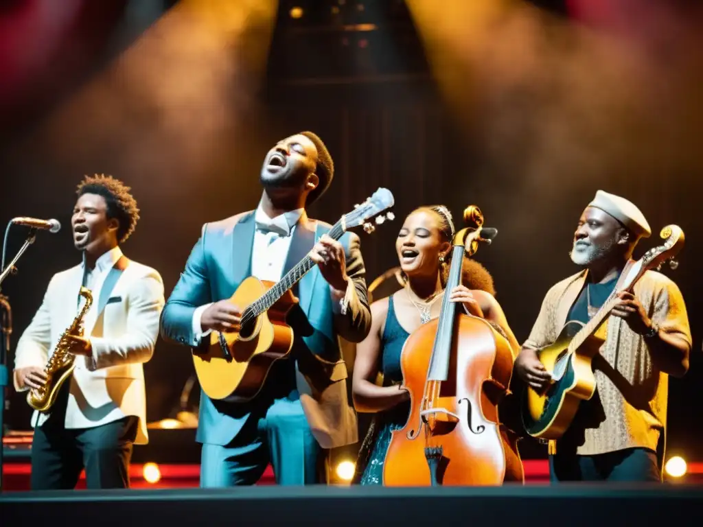 Un grupo diverso de músicos de distintas clases sociales toca instrumentos en el escenario, mostrando unidad y diversidad en la comunidad musical