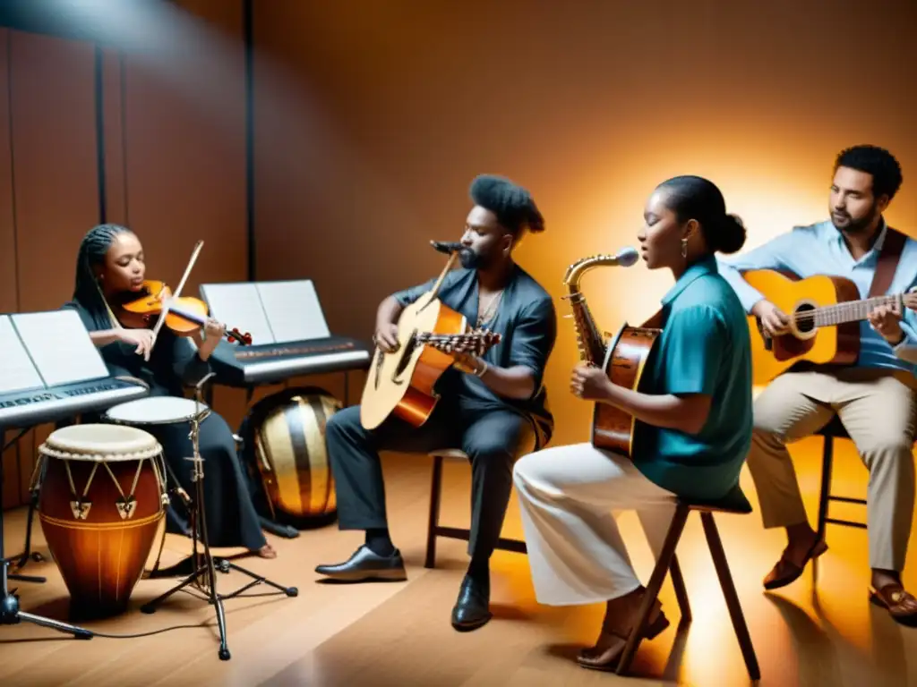 Un grupo diverso de músicos de diferentes culturas toca instrumentos tradicionales en un estudio de grabación