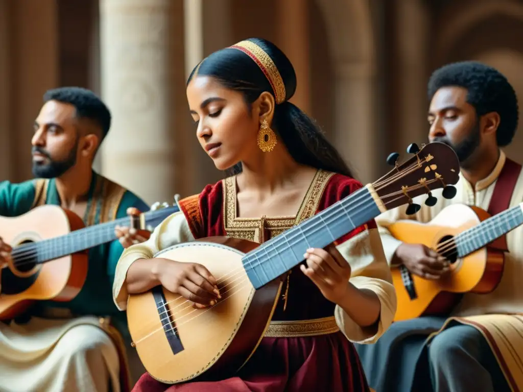 Un grupo diverso de músicos de diferentes culturas tocan el laúd con pasión, mostrando la historia del laúd en diversas culturas