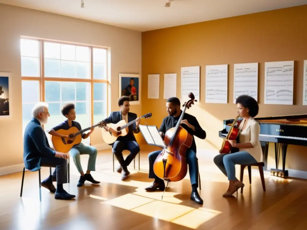 Un grupo diverso de músicos de diferentes edades y orígenes se reúne en un amplio estudio de música iluminado por el sol