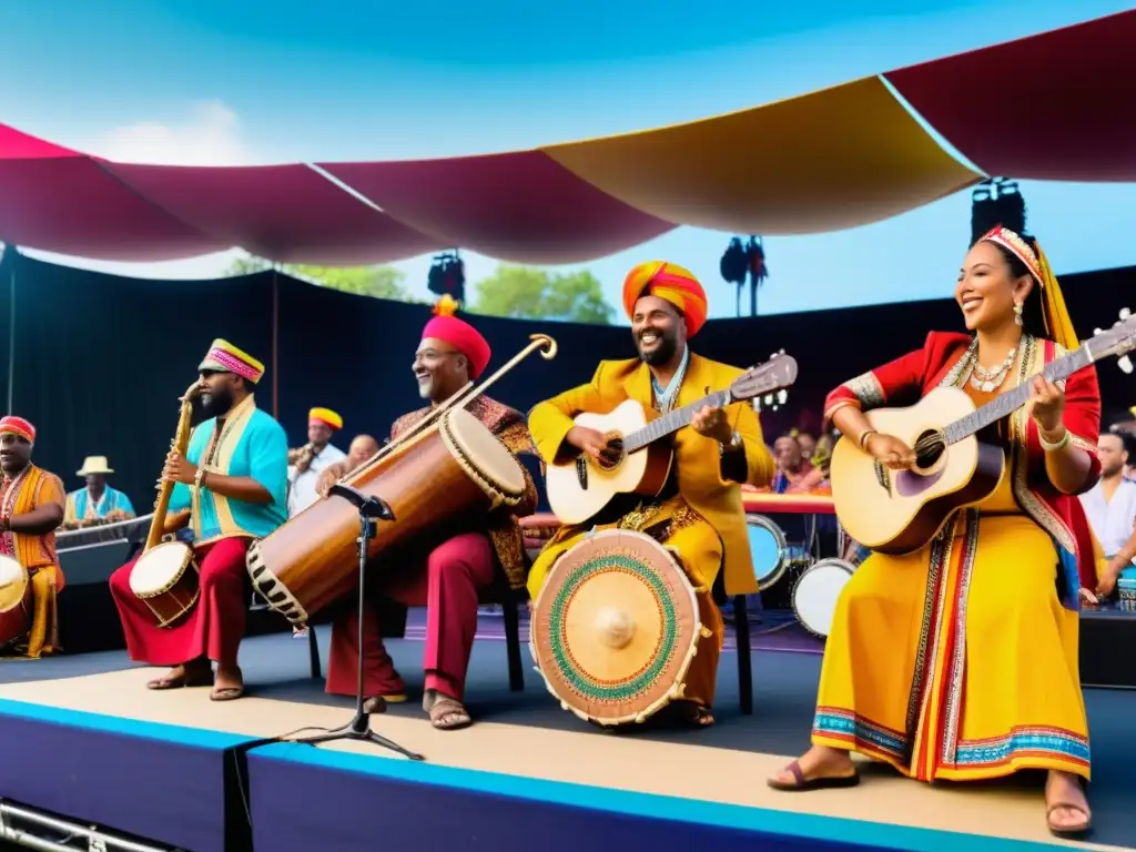 Grupo diverso de músicos en escenario vibrante de festival, resaltando la importancia de festivales de música