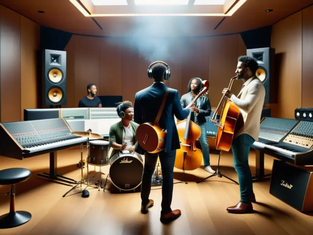 Colaboración musical innovadora en estudio de grabación Grupo diverso de músicos colaborando en un estudio de grabación, rodeados de instrumentos y equipo, capturando la esencia innovadora de la financiación de proyectos musicales innovadores
