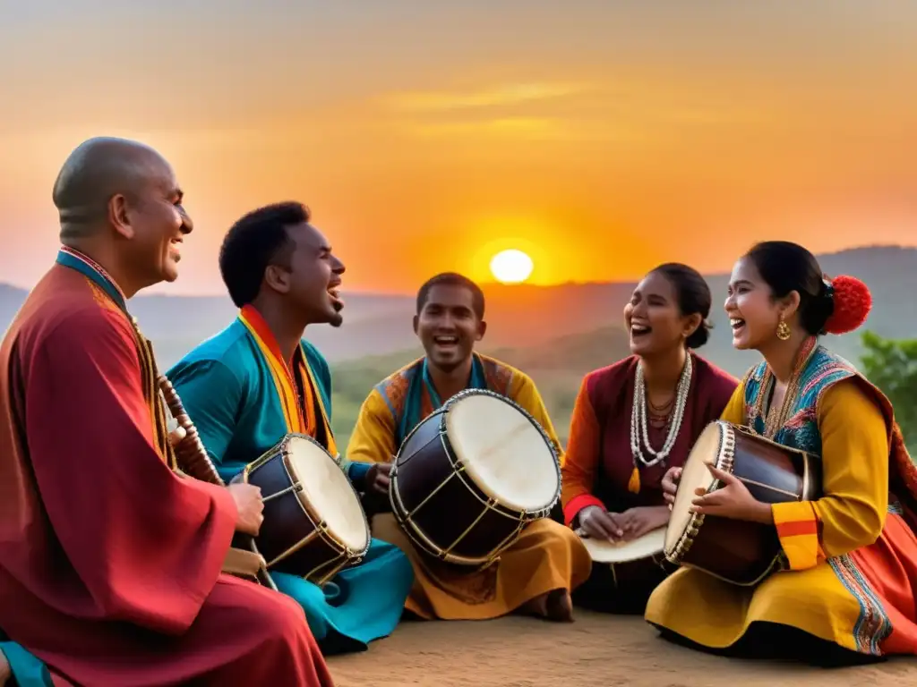 Grupo diverso de músicos étnicos tocando y cantando apasionadamente al atardecer