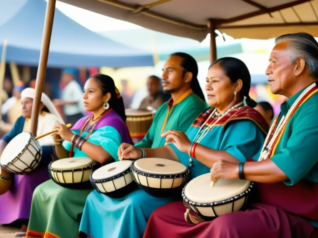 Grupo diverso de músicos indígenas tocando instrumentos musicales nativos en un mercado global, rodeados de textiles vibrantes y artesanías