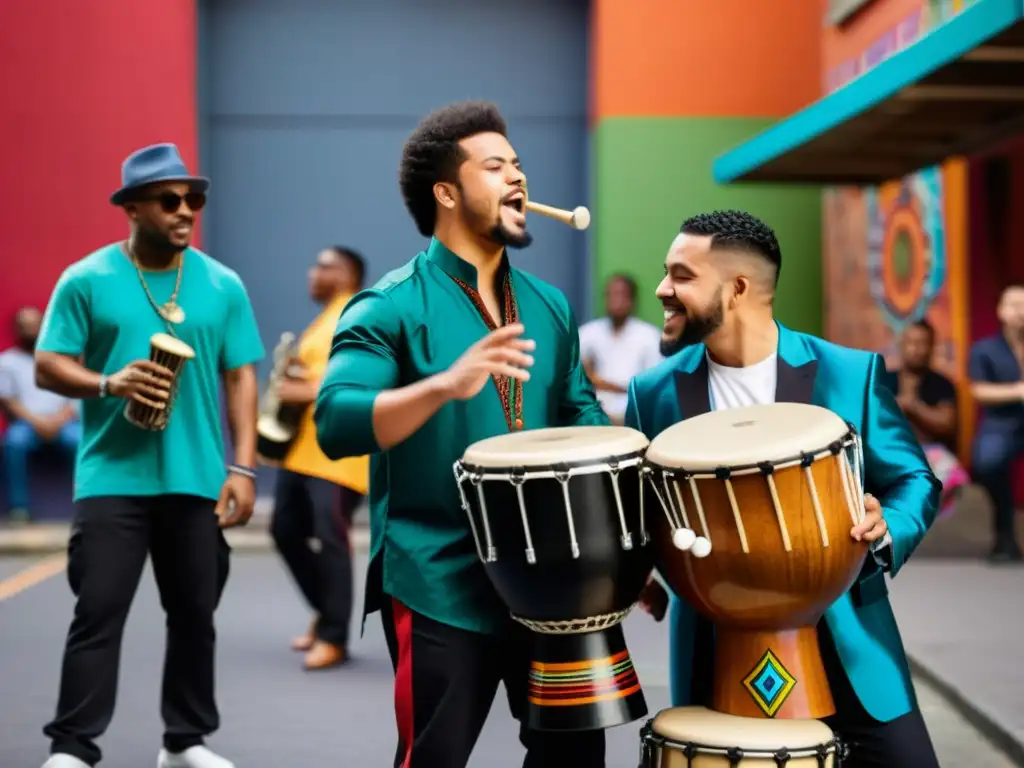 Un grupo diverso de músicos toca instrumentos de percusión en una vibrante escena urbana, con expresiones apasionadas