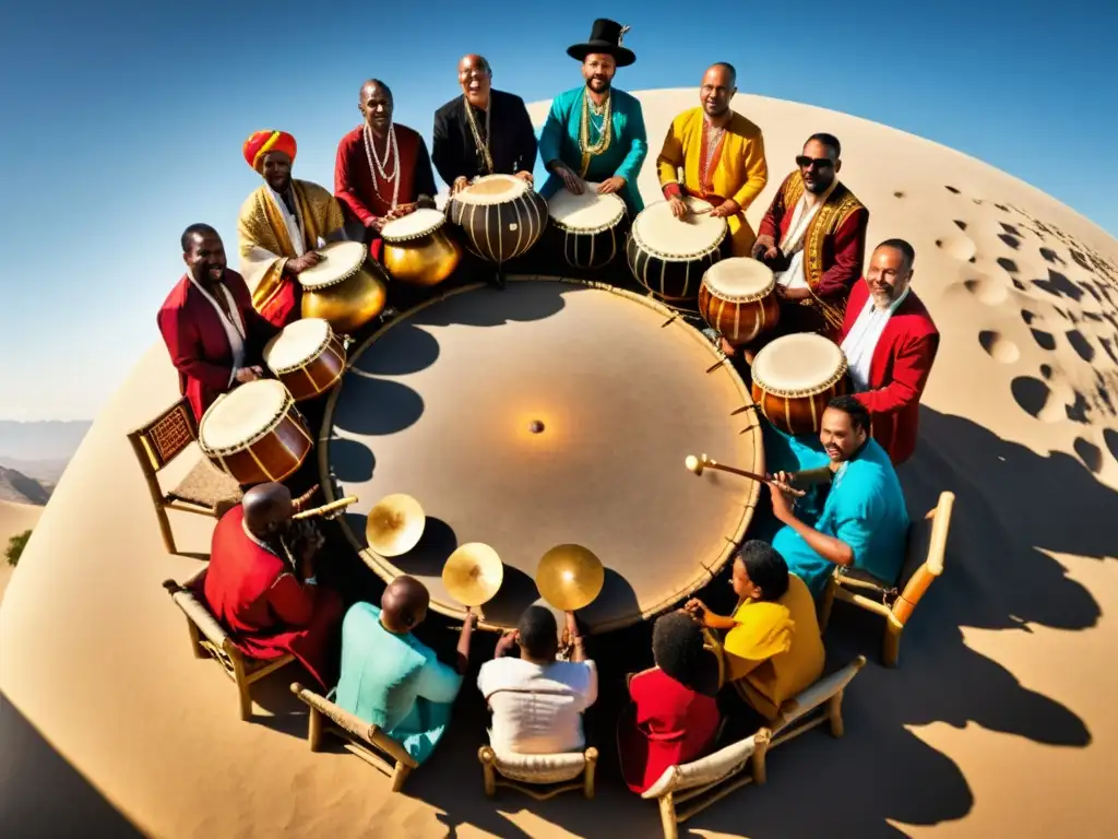 Un grupo diverso de músicos toca instrumentos tradicionales bajo un cielo brillante, mostrando la influencia de la migración de instrumentos