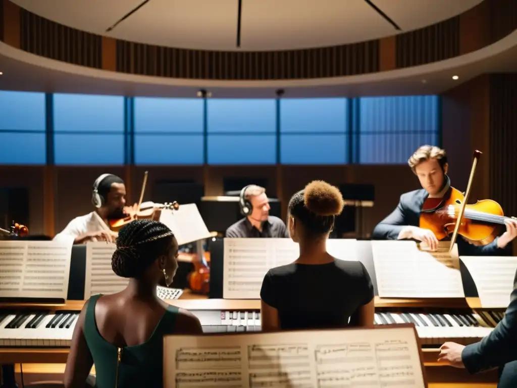 Un grupo diverso de músicos toca instrumentos tradicionales y modernos en un estudio de grabación, rodeados de partituras clásicas y contemporáneas