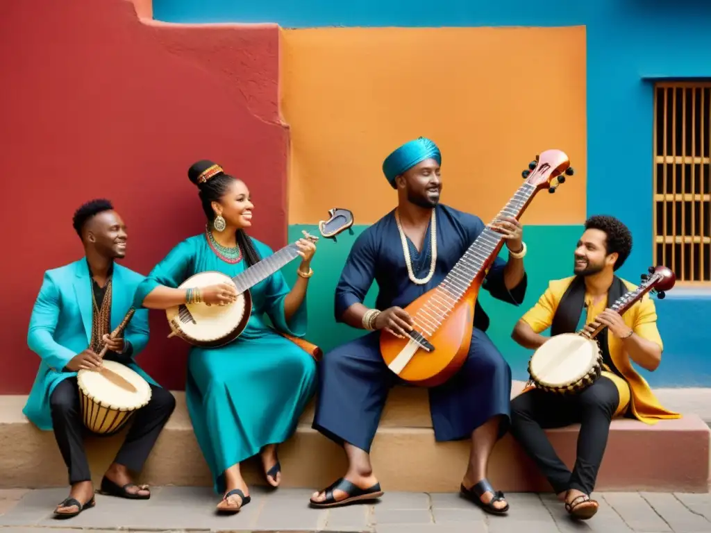 Un grupo diverso de músicos toca instrumentos musicales transculturales en un escenario urbano multicultural