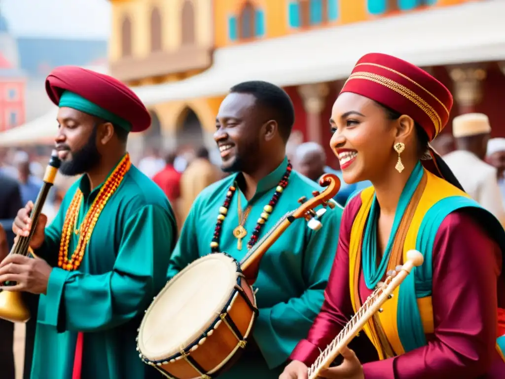 Un grupo diverso de músicos toca instrumentos tradicionales en una bulliciosa plaza