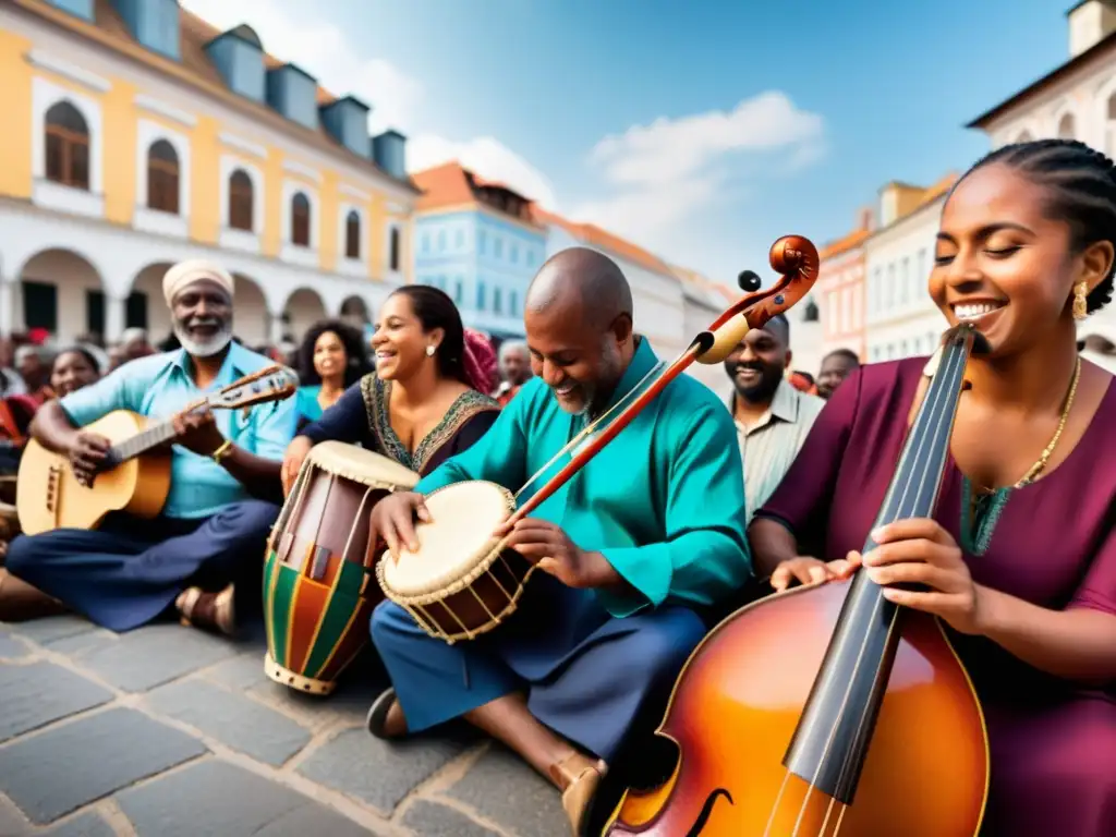 Grupo diverso de músicos tocando instrumentos tradicionales en una plaza, mostrando el impacto social de los instrumentos musicales