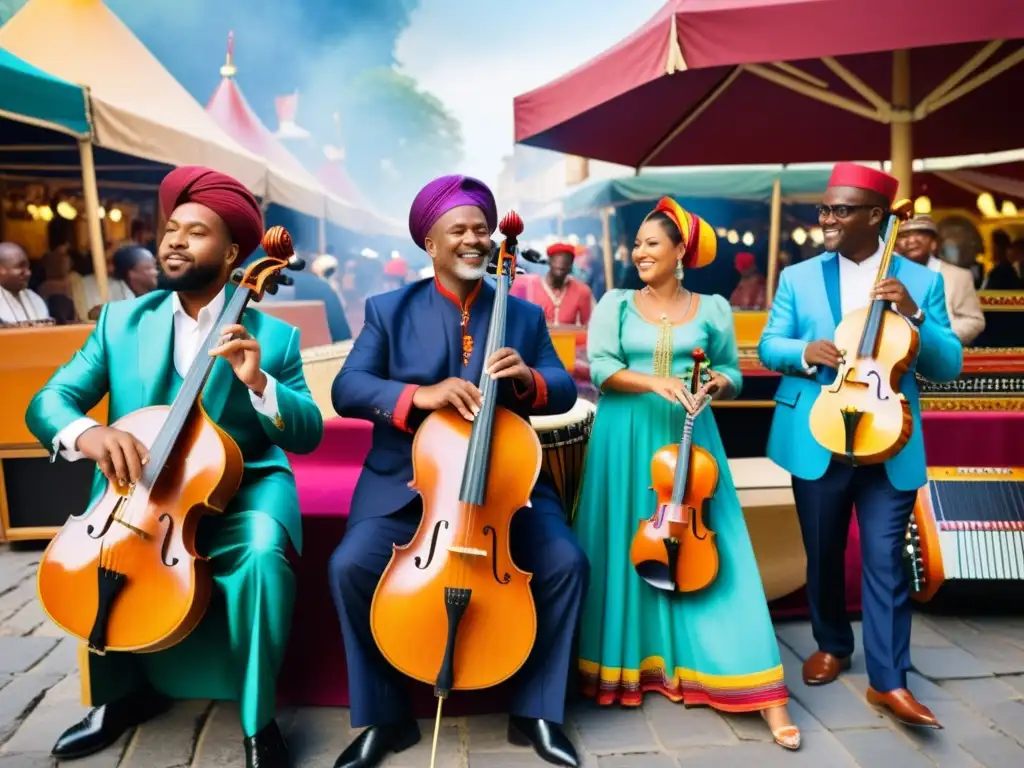 Grupo diverso de músicos tocando instrumentos musicales del siglo XX en un bullicioso mercado, fusionando tradiciones musicales