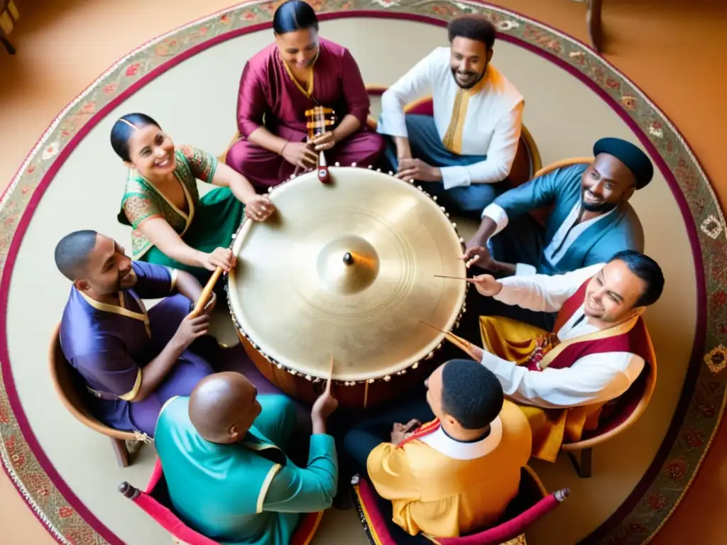 Un grupo diverso de músicos toca juntos el hang en un ambiente vibrante, mostrando la historia del hang instrumento musical