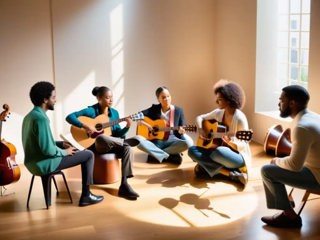 Grupo diverso de músicos colaborando en línea, aportando talentos únicos a la composición colectiva