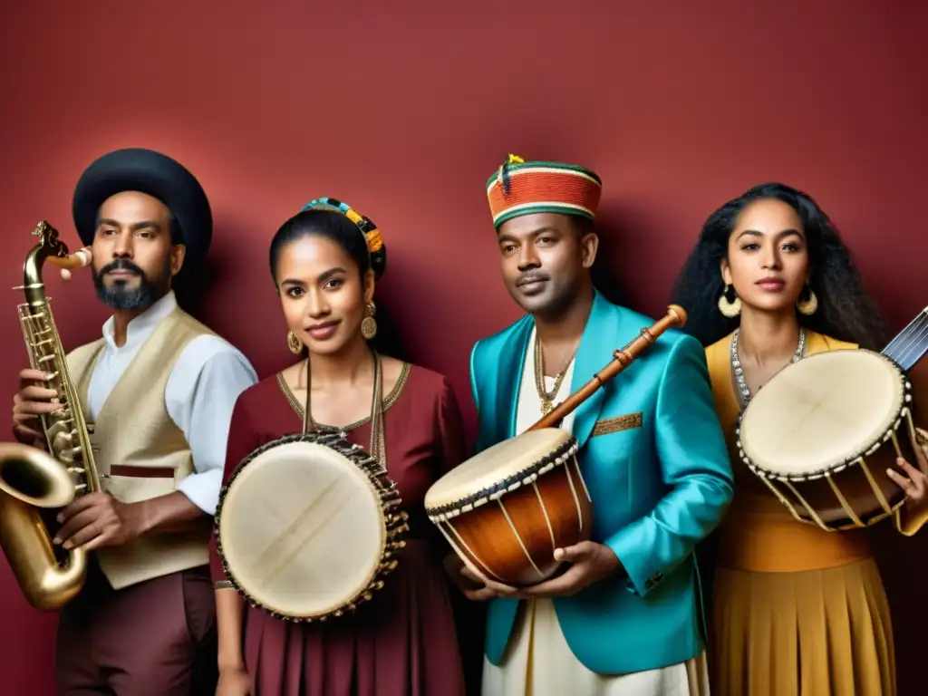 Grupo diverso de músicos de todo el mundo tocando instrumentos tradicionales, reflejando el impacto global de la diversidad en la música