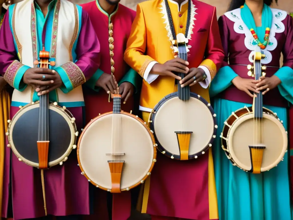 Un grupo diverso de músicos del mundo sostiene instrumentos tradicionales y viste atuendos coloridos