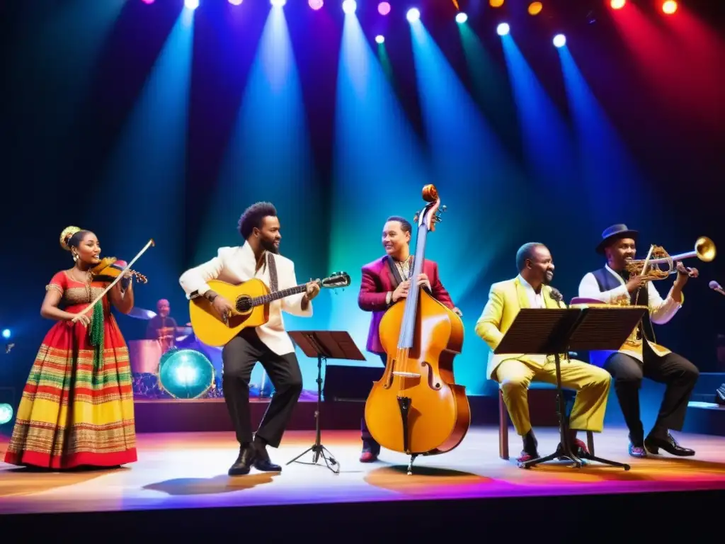 Un grupo diverso de músicos de todo el mundo toca juntos en un escenario, fusionando instrumentos tradicionales y modernos