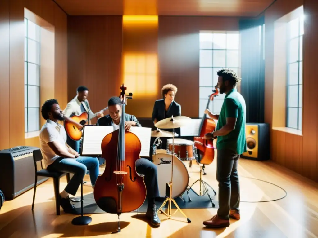 Un grupo diverso de músicos crea música en un estudio de grabación moderno, bañado por la cálida luz natural