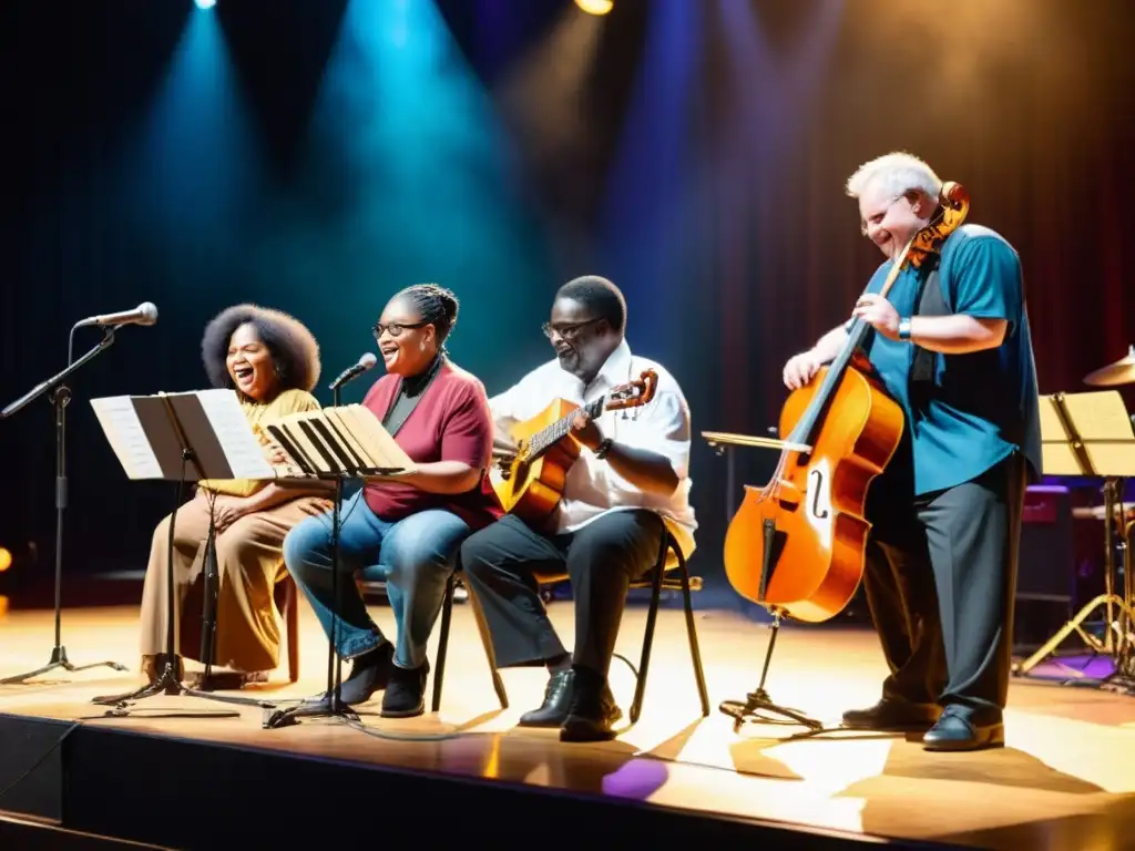 Concierto inclusivo: músicos diversos crean música con pasión y unidad Un grupo diverso de músicos, incluyendo personas con discapacidad, tocando instrumentos musicales juntos en un escenario iluminado