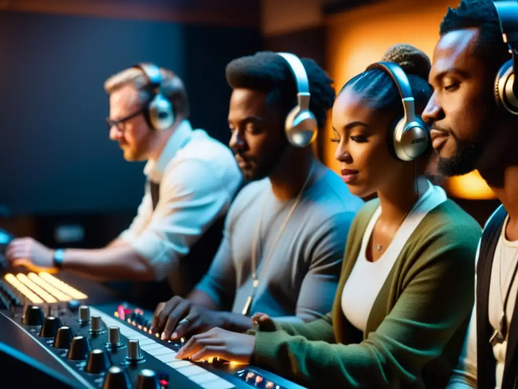 Equipo diverso de músicos y productores creando un proyecto innovador Un grupo diverso de músicos y productores discuten con pasión un proyecto musical innovador en un estudio