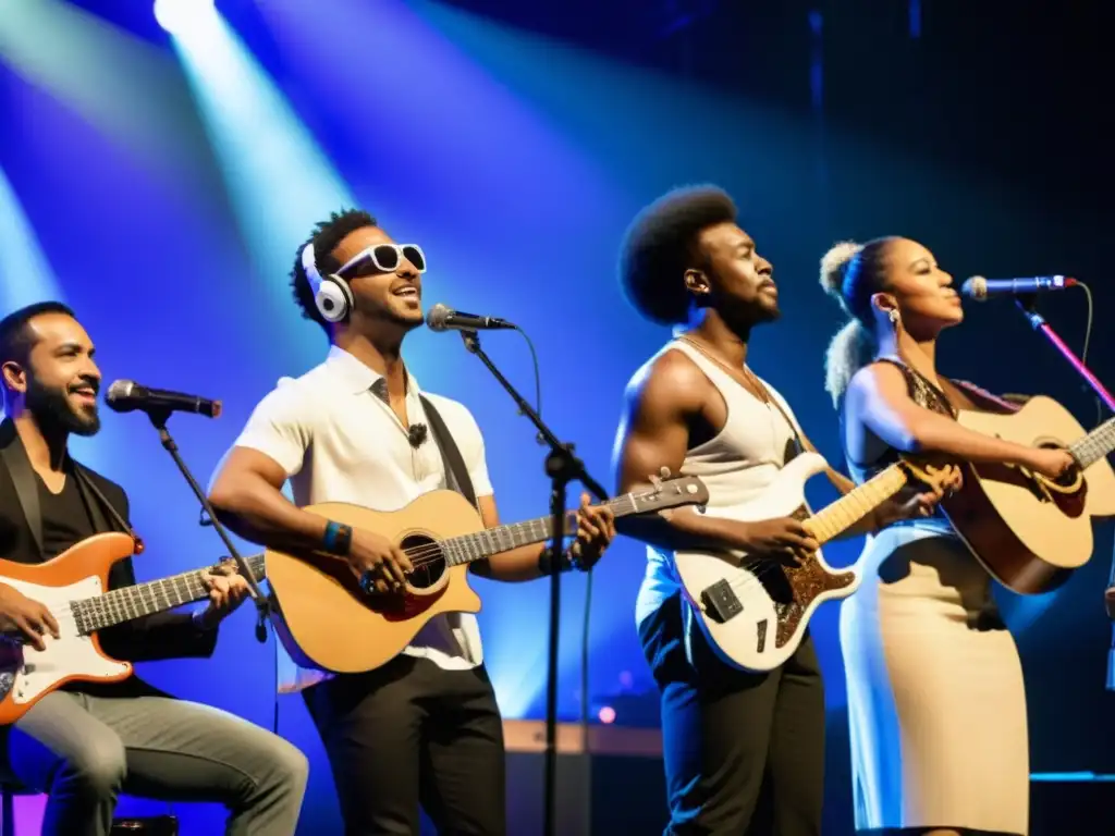 Un grupo diverso de músicos utiliza tecnología wearable en un escenario, fusionando culturas y música con innovación