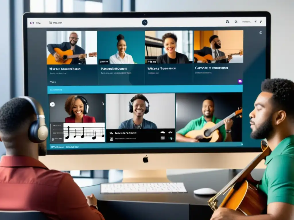 Un grupo diverso de músicos participa en tutoriales en línea para instrumentos musicales en un aula virtual moderna, interactuando con el instructor a través de videoconferencia