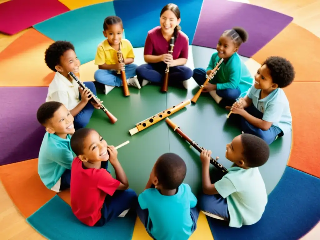 Grupo diverso de niños en círculo con flautas, escuchando atentos a su maestro en un aula colorida