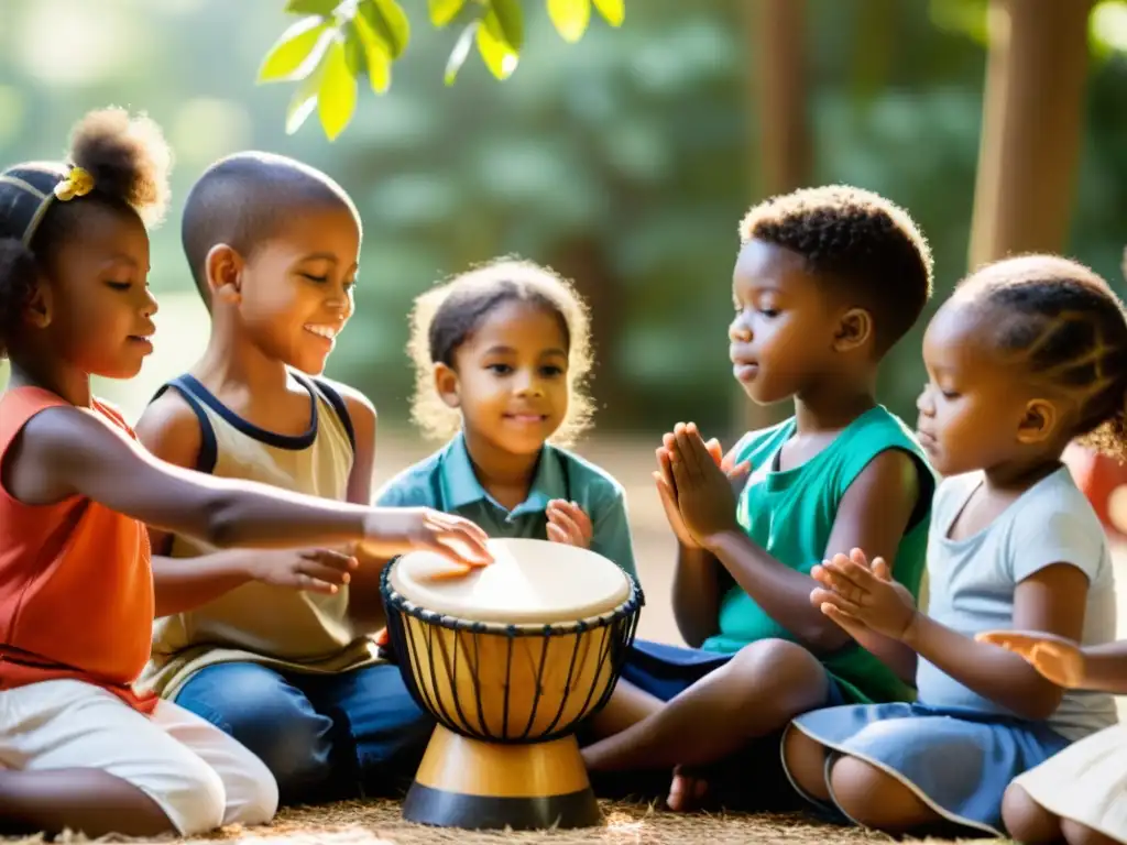 Grupo diverso de niños disfrutando de una clase de música al aire libre, resaltando el valor educativo de los instrumentos de percusión