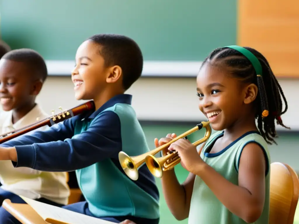 Grupo diverso de niños en clase de música, tocando violines, flautas, trompetas y tambores con concentración y alegría