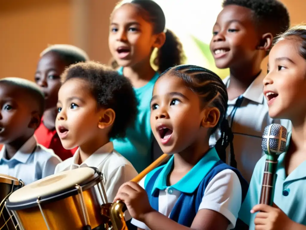 Un grupo diverso de niños de diferentes culturas toca y canta en armonía, representando la enseñanza de música en un mundo multilingüe