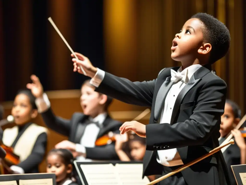 Un grupo diverso de niños escolares tocando instrumentos en una orquesta, con el conductor liderando apasionadamente