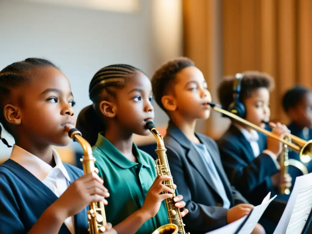 Grupo diverso de niños escolares en clase de música, concentrados en partituras y sus instrumentos de viento