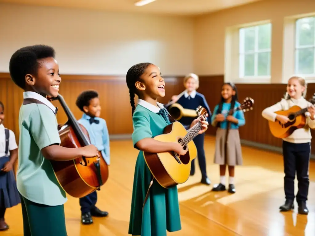 Un grupo diverso de niños toca instrumentos musicales en clase, rompiendo estereotipos de género