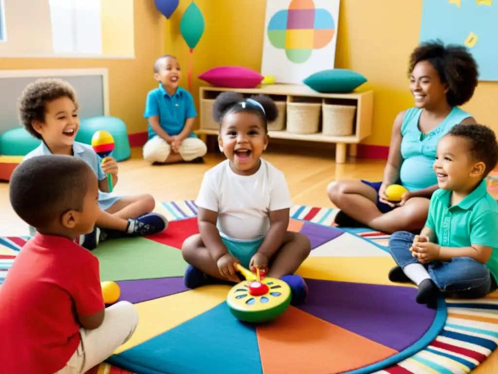 Grupo diverso de niños preescolares explorando instrumentos musicales en círculo en aula acogedora