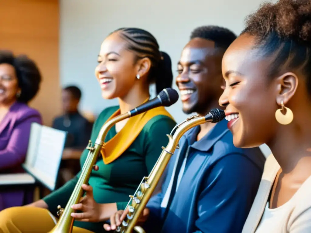 Conexión musical: Unidad y alegría en la diversidad Un grupo diverso de personas toca instrumentos musicales promotores de inclusión social en un ambiente comunitario, mostrando alegría y conexión