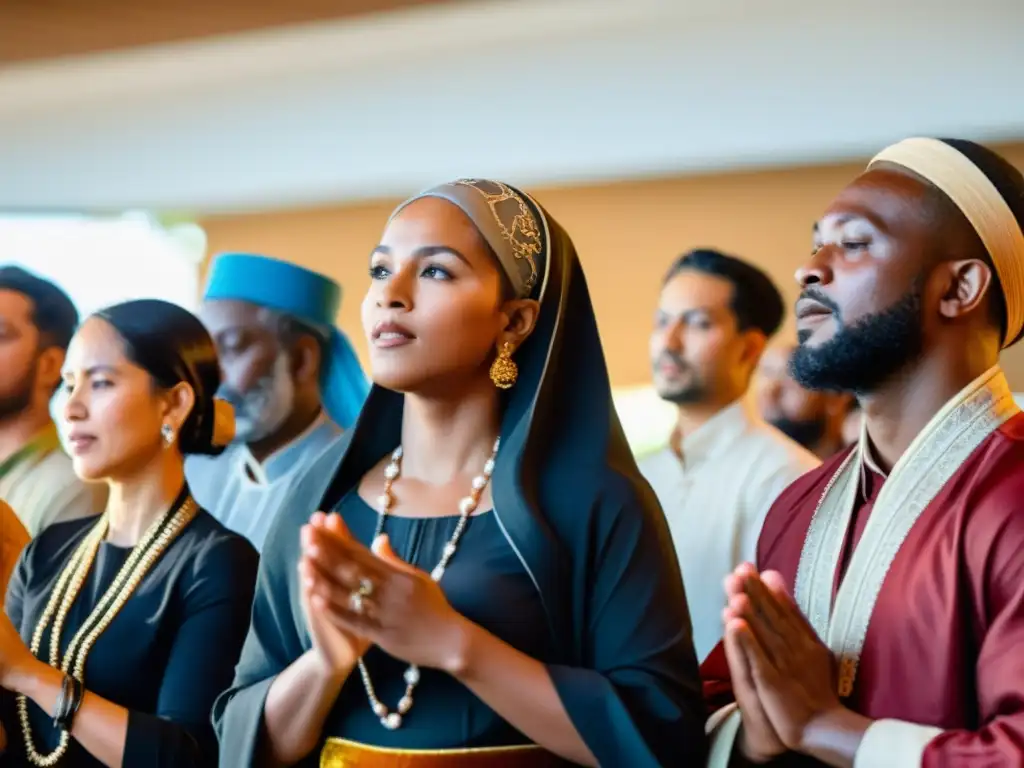 Un grupo diverso de personas de distintos orígenes culturales se reúne en un entorno religioso para participar en una actuación musical