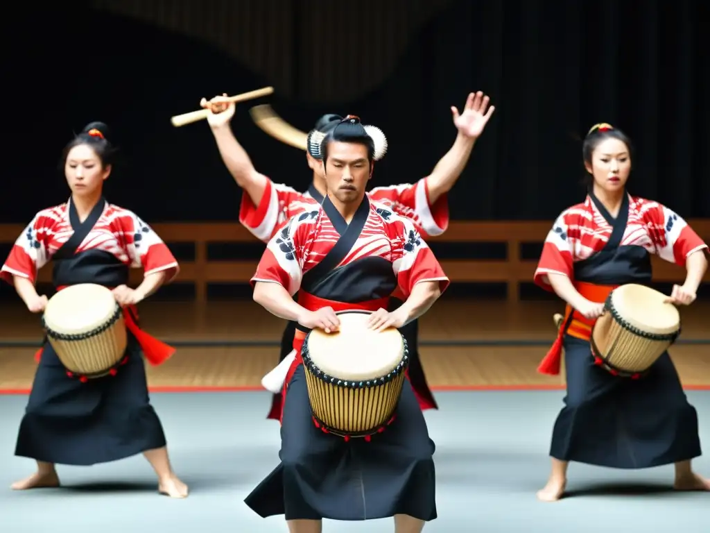 Un grupo de taiko drummers en atuendos tradicionales japoneses, mostrando la intensidad y precisión de su performance