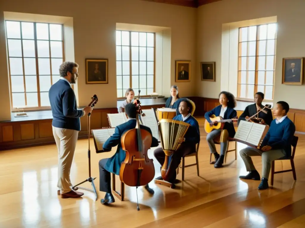 Un grupo de estudiantes atentos observa a un instructor de música mientras les enseña a tocar instrumentos históricos en una aula luminosa y espaciosa