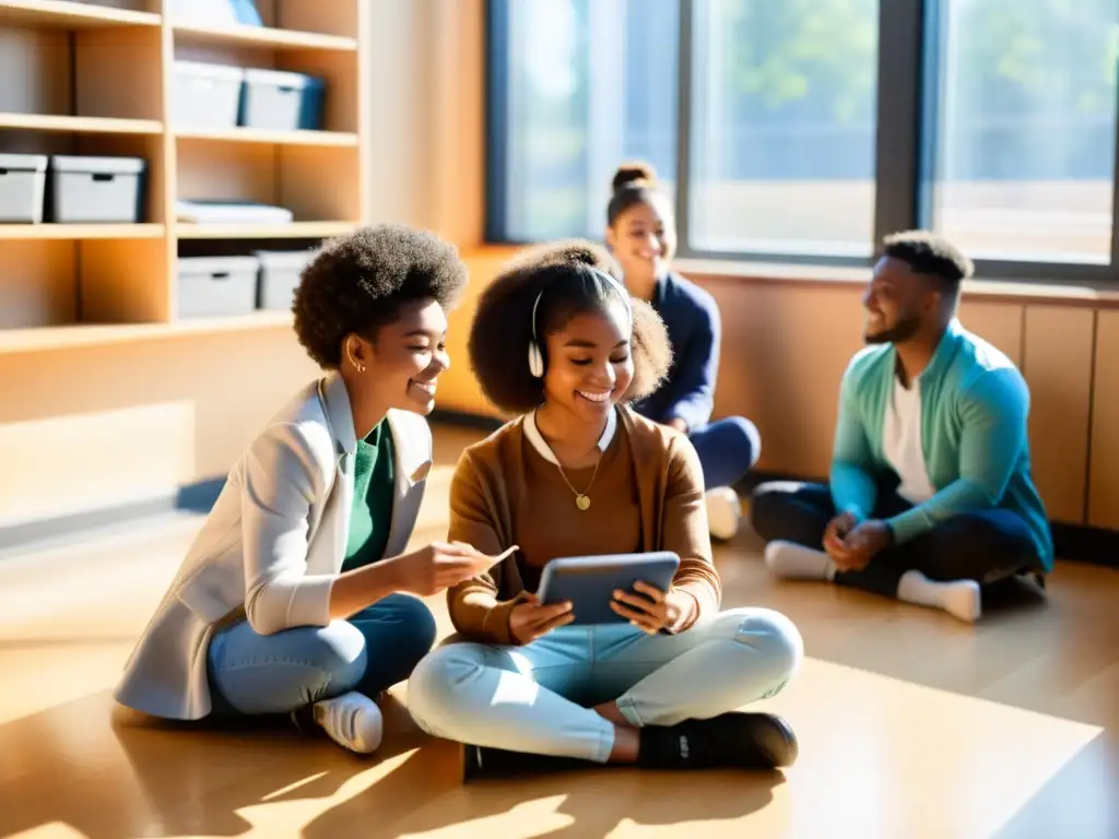 Un grupo de estudiantes diversos se reúne en un aula de música, integrando apps educativas en música, mientras el sol ilumina sus rostros enfocados