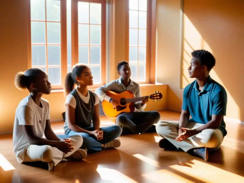 Un grupo de jóvenes estudiantes de música se sienta en círculo, concentrados en sus instrumentos, mientras el maestro guía una improvisación