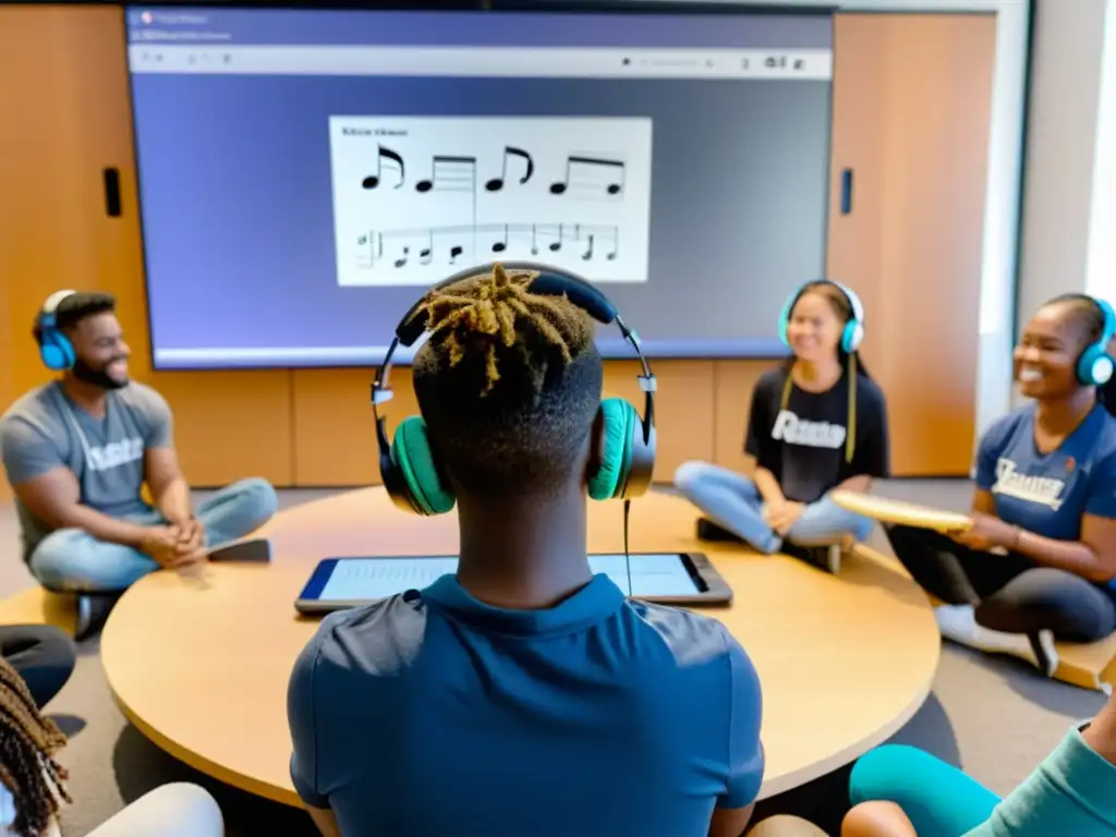 Un grupo de estudiantes diversos participa en una clase de música en línea, con instrumentos y auriculares