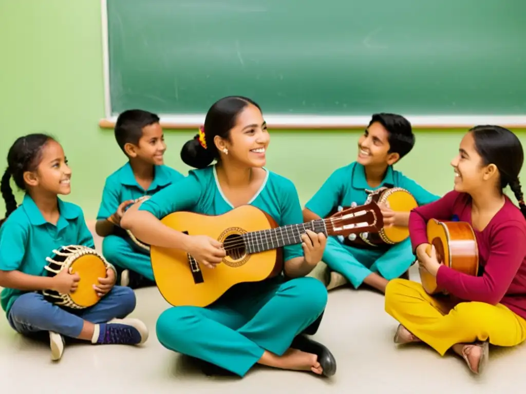 Grupo de estudiantes entusiasmados aprendiendo a tocar el charango en clase