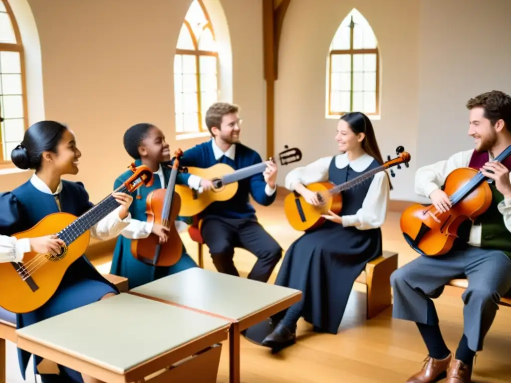 Un grupo de estudiantes aprende con entusiasmo sobre instrumentos musicales históricos en una cálida aula llena de luz natural