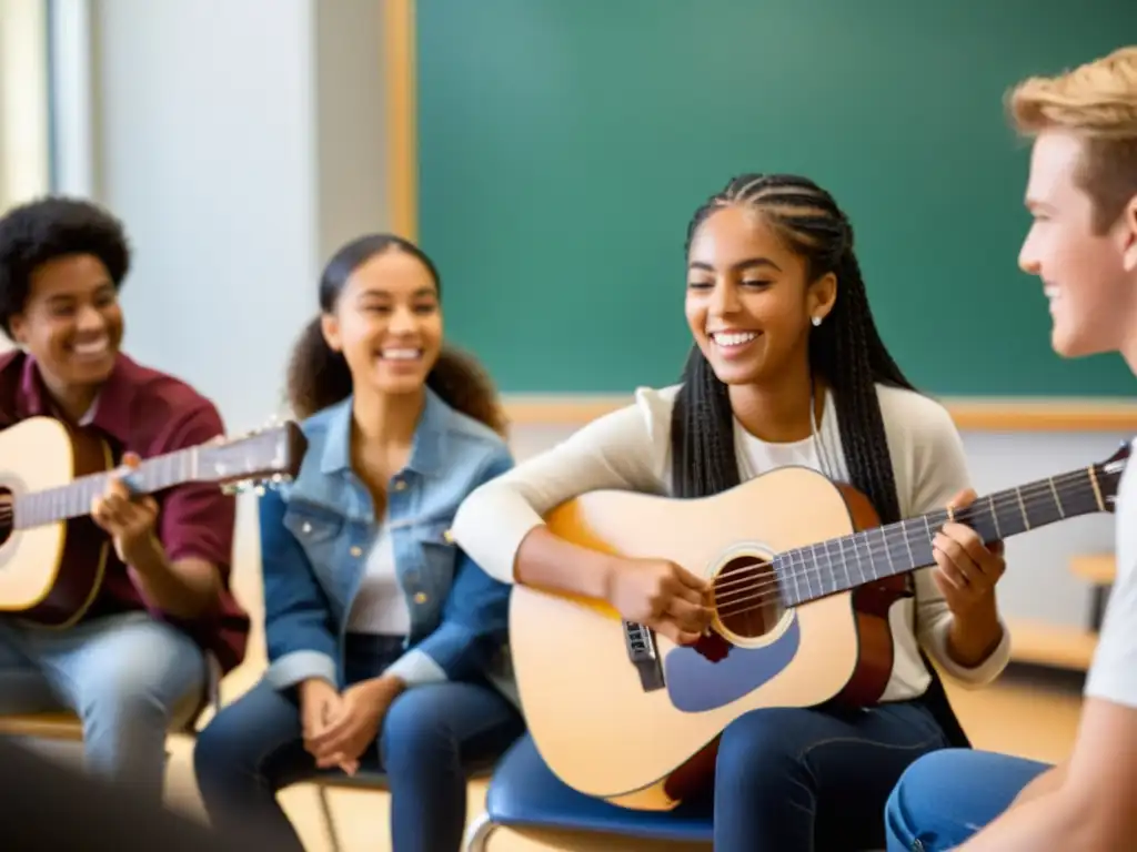 Grupo de estudiantes aprendiendo a tocar guitarra, concentrados y alegres