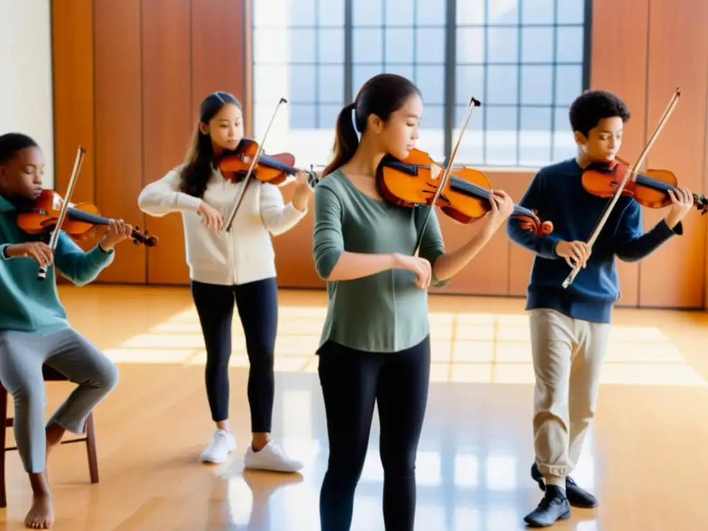 Grupo de estudiantes de música con instrumentos diferentes, rodeando a una instructora de danza