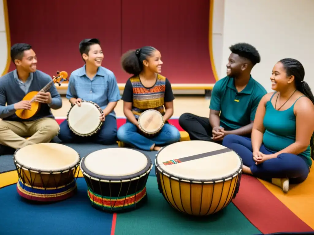 Un grupo de estudiantes diversos toca instrumentos étnicos de distintas culturas alrededor del mundo, enriqueciendo la educación musical