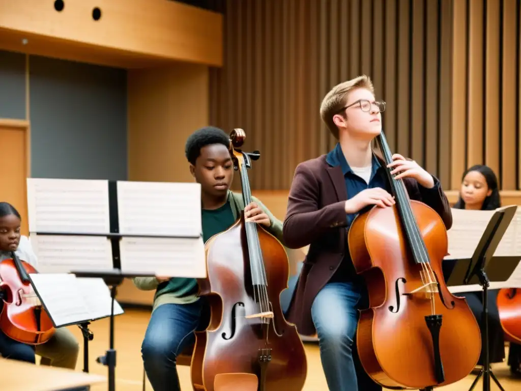 Un grupo de estudiantes se concentra en tocar instrumentos graves en un aula de música