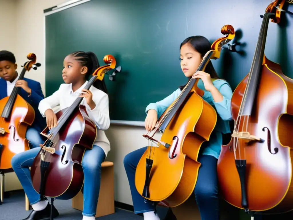 Grupo de jóvenes estudiantes tocando instrumentos graves en el aula, creando música armoniosa con concentración y pasión