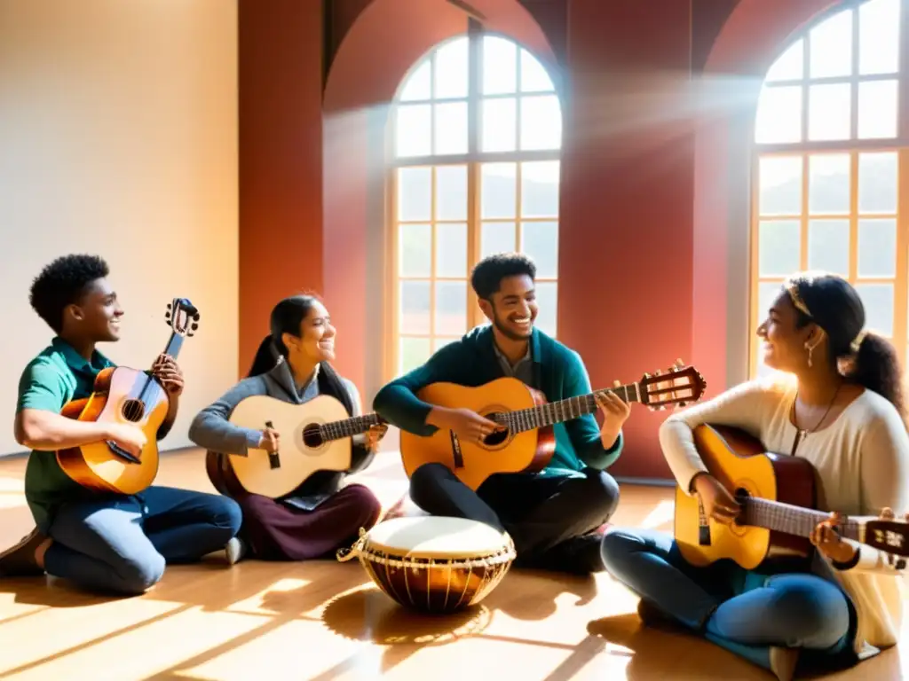 Un grupo de estudiantes diversos comparten instrumentos musicales del mundo en un intercambio cultural enriquecedor