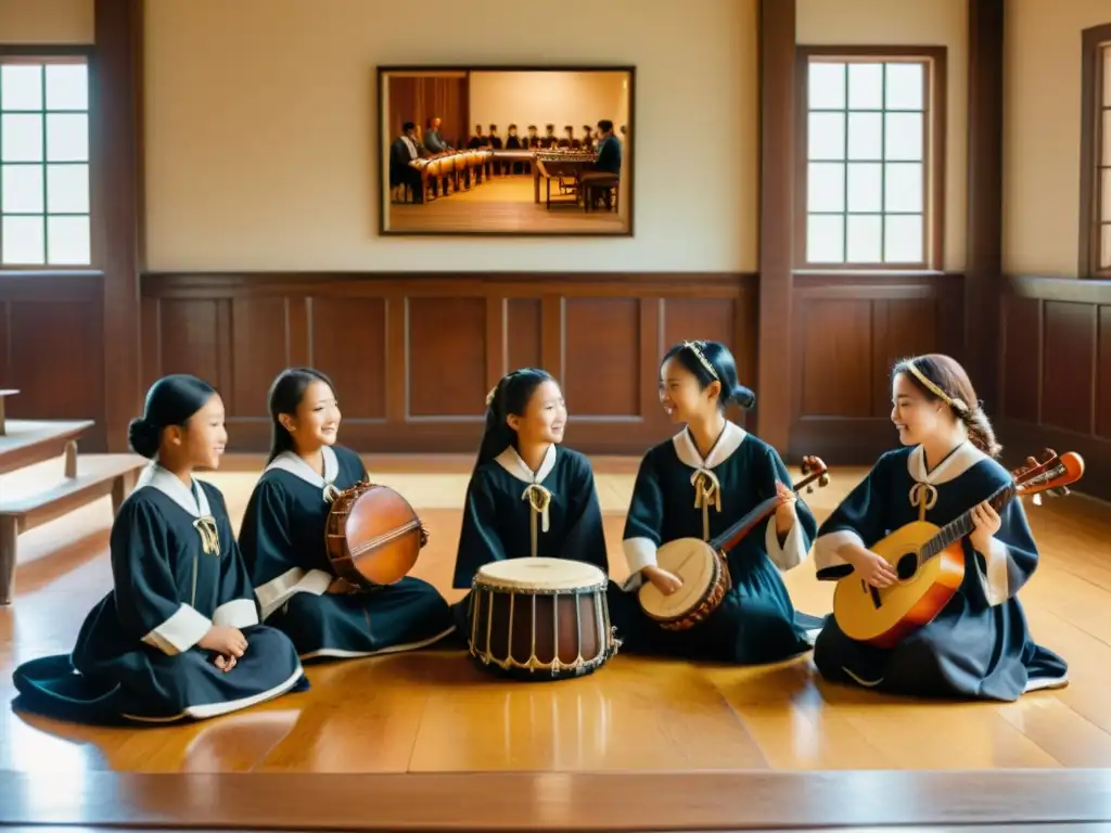 Un grupo de estudiantes tocando instrumentos musicales históricos en un aula histórica con luz natural